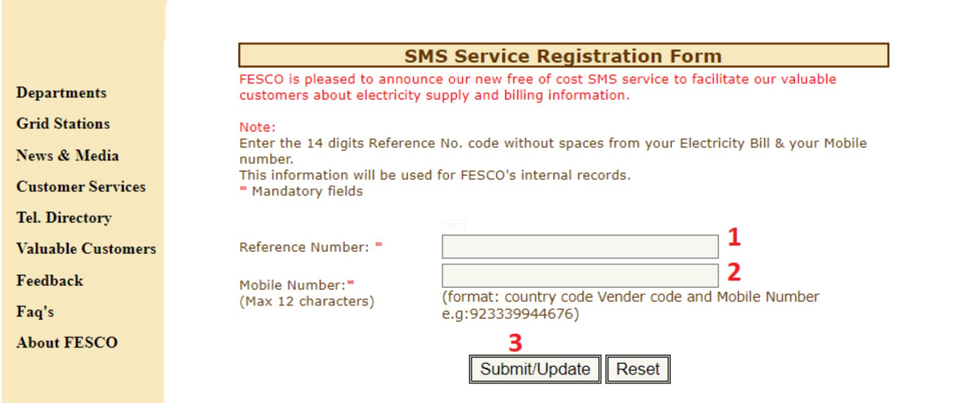fesco sms service form